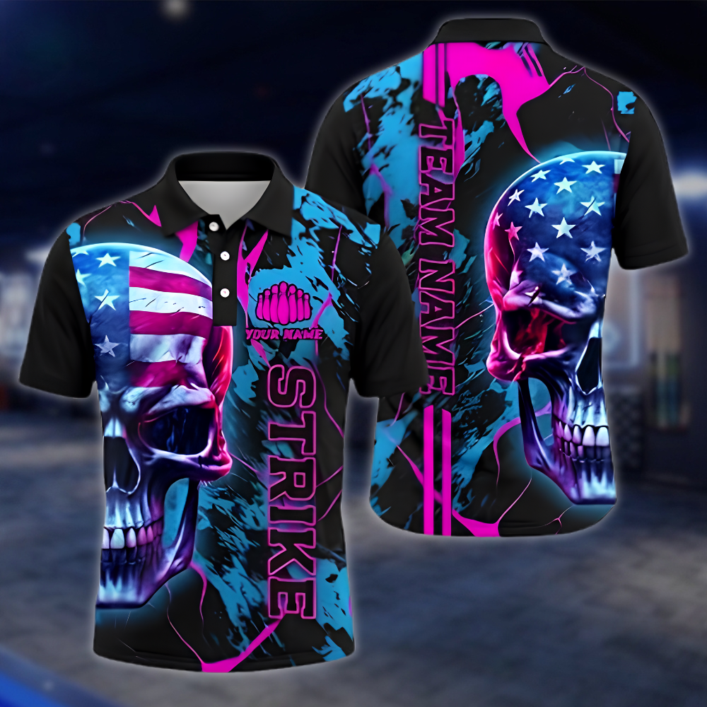 Personalized Skull Cyan Pink Bowling Men Polo Shirt USA Flag, Custom Skull Bowling Shirt Team BZ0874
