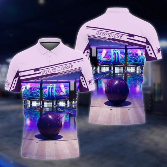 Personalized Mens Purple Lane Bowling Polo Shirt, Custom Bowling Shirt BZ0815