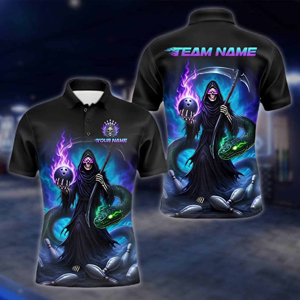 Personalized Skeleton Snake Bowling Polo Shirt Mens, Custom Skull Team Bowling Shirt BZ0915