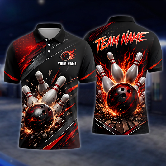 Personalized Flaming Red Black Bowling Polo Shirt For Men, Custom Flame Bowling Team Shirt BZ0916