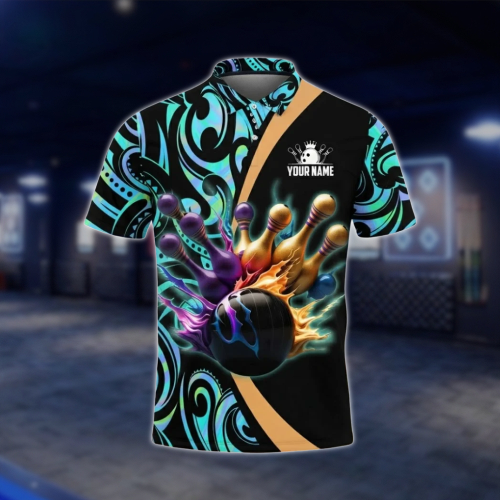 Personalized Golden Pins Men's Tribal Bowling Polo Shirt, Custom Tribal Bowling Shirt For Team BZ0803