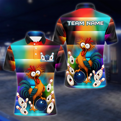 Personalized Funny Rooster Colorful Bowling Polo Shirt Men, Custom Chicken Bowling Team Shirts BZ0890