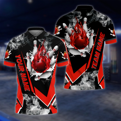 Personalized Mens Flaming Ball Bowling Polo Shirt, Custom Flame Bowling Shirt For Team BZ0811