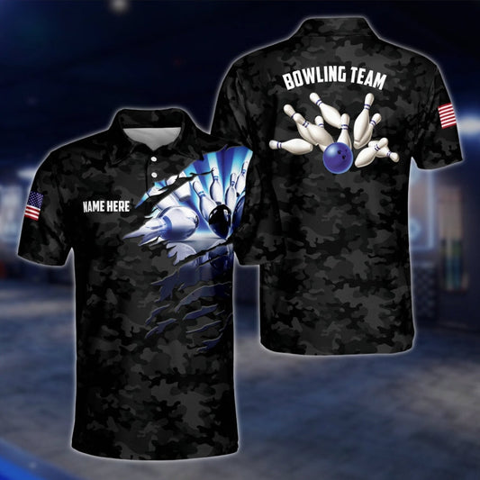 Custom Camo Black Blue Bowling Polo Shirt For Men, Custom Camo Bowling Team Shirts BZ0194