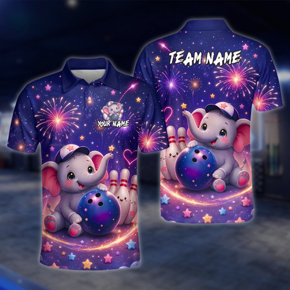 Personalized Elephant Cute Bowling Polo Shirt Men, Custom Elephant Team Bowling Shirt BZ0956