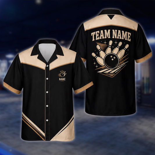 Personalized Team Black Beige Bowling Hawaiian Shirt, Custom Bowling Shirts BE0247