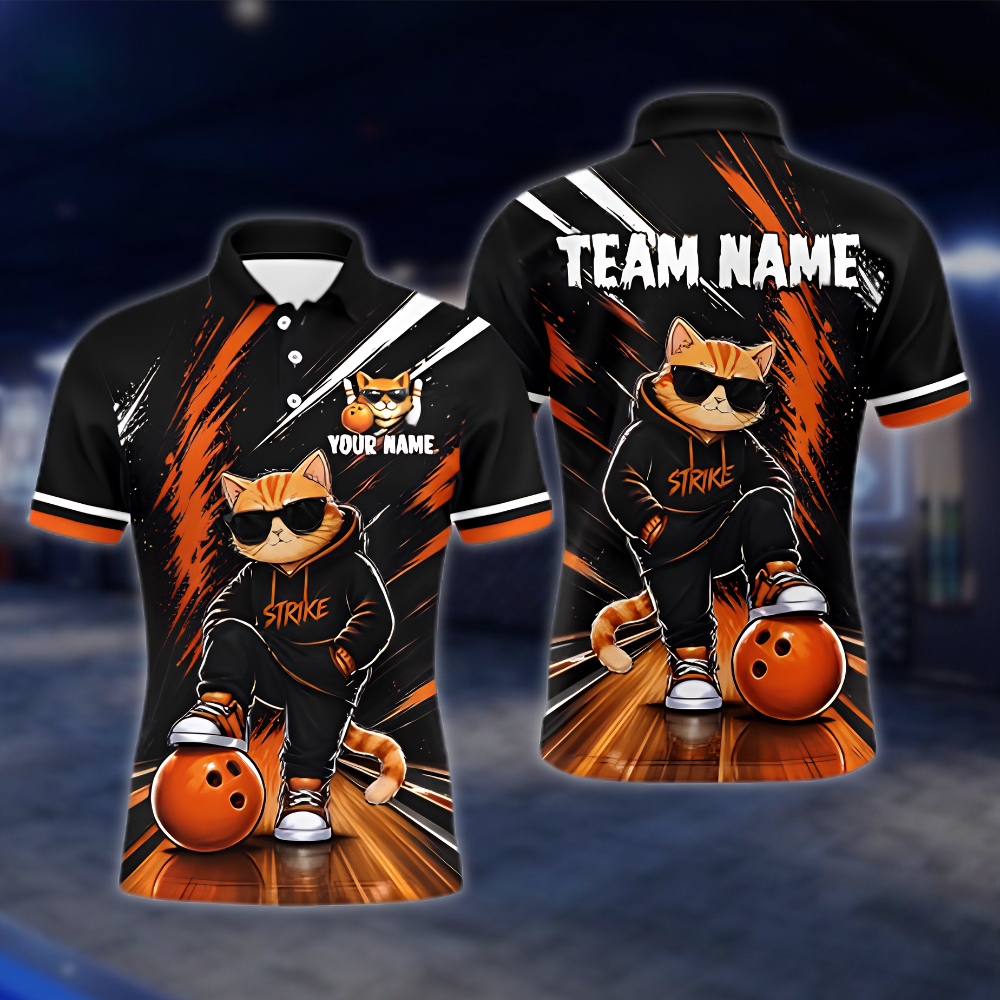 Personalized Funny Cat Bowling Mens Polo Shirt, Custom Cat Bowling Team Shirts BZ0877