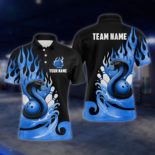 Persoanlized Snake Flaming Blue Bowling Men Polo Shirt, Custom Snake Bowling Shirt Team BZ0898