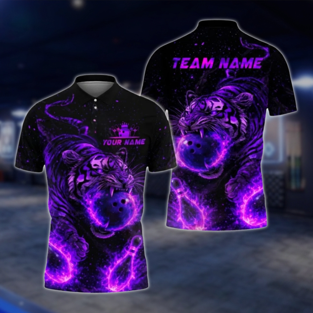 Personalized Tiger Flaming Ball Bowling Polo Shirt For Men, Custom Tiger Bowling Shirt Team BZ0805