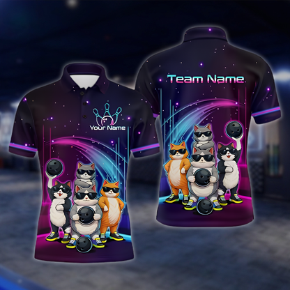 Personalized Funny Cat Bowling Polo Shirt For Men, Custom Cat Bowling Shirt For Team BZ0911