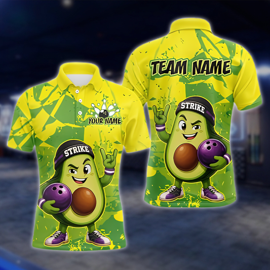 Personalized Avocado Fun Men's Green Bowling Polo Shirt, Custom Avocado Bowling Shirt Team BZ0903