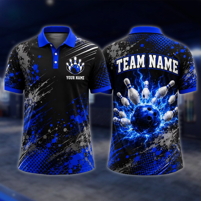Personalized Thunder Bowling Mens Polo Shirts Black And Blue, Custom Thunder Bowling Team Shirts BE0241