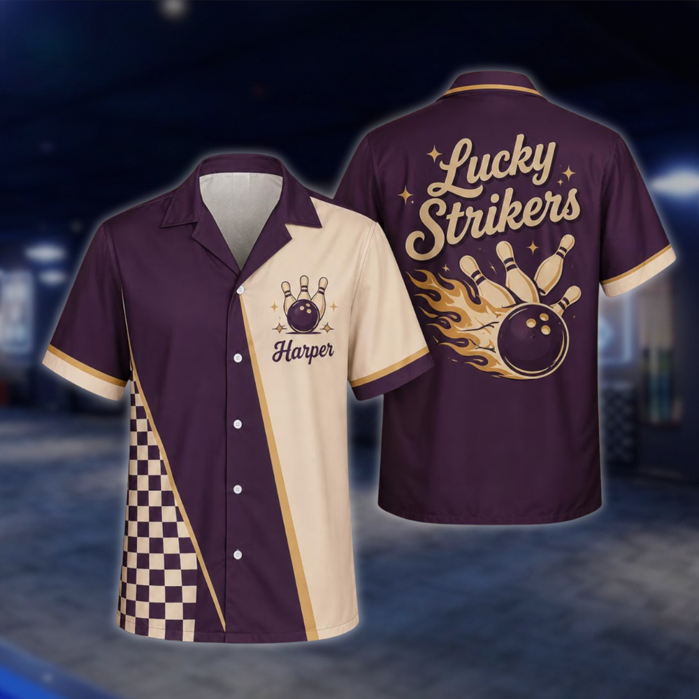 Personalized Lucky Strikers Purple Retro Bowling Hawaiian Shirt, Custom Retro Bowling Shirt Team BE0250