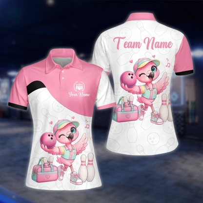 Personalized Funny Flamingo Bowling Womens Polo Shirt, Custom Team Flamingo Bowling Shirt For Ladies BZ0950