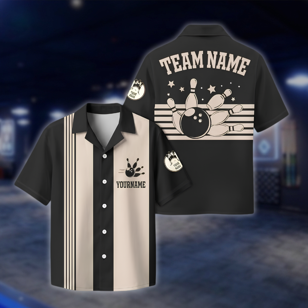 Personalized Vintage Black Bowling Hawaiian Shirt Men, Custom Vintage Bowling Team Shirts BE0236