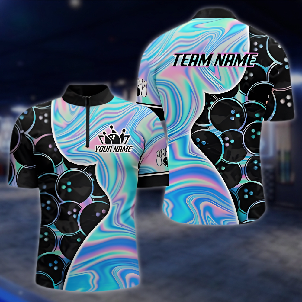 Personalized Hologram Cyan Black Bowling Jersey For Men, Custom Team Bowling Shirts BZ0889