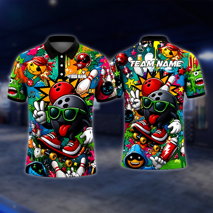 Personalized Graffiti Funny Ball Bowling Polo Shirt For Men, Custom Team Bowling Shirts BZ0952