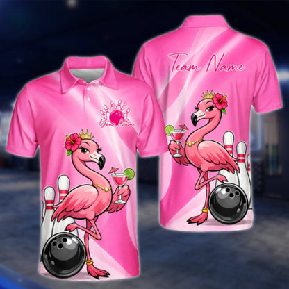 Flamingo Cocktail Custom Mens Pink Bowling Polo Shirt, Custom Flamingo Team Bowling Shirts BZ0456
