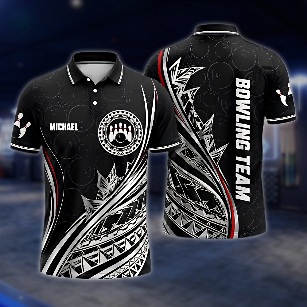 Personalized Tribal Bowling Mens Polo Shirt Black Red White, Custom Tribal Bowling Shirt Team BZ0870