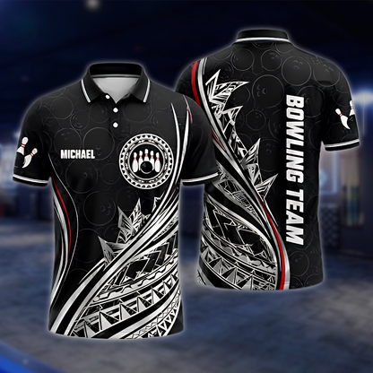 Personalized Tribal Bowling Mens Polo Shirt Black Red White, Custom Tribal Bowling Shirt Team BZ0870