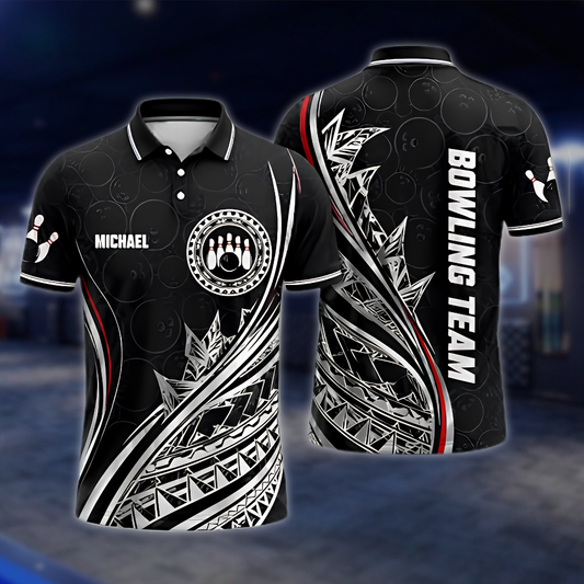 Personalized Tribal Bowling Mens Polo Shirt Black Red White, Custom Tribal Bowling Shirt Team BZ0870