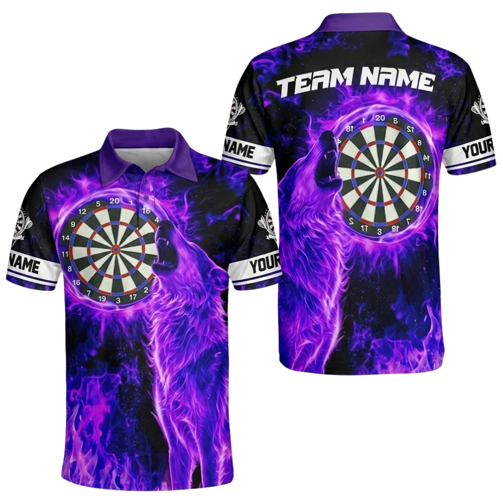 Wolf Purple Flame Personalized Darts Button Polo