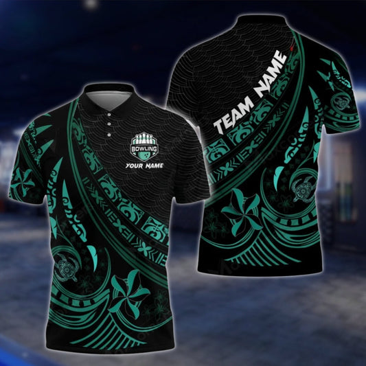 Tribal Black And Cyan Custom Bowling Polo Shirt For Mens, Custom Tribal Bowling Team Shirts BO0201