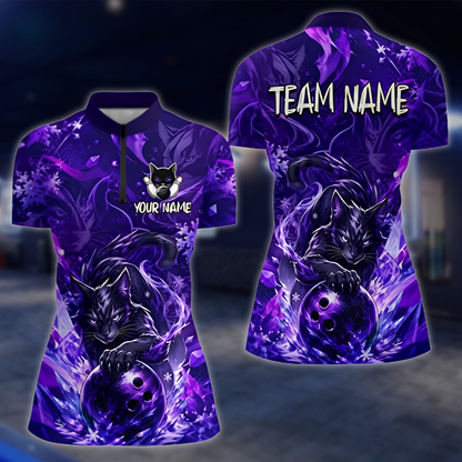 Personalized Cat Black Purple Bowling Jersey For Women, Custom Cat Team Bowling Shirt Ladies BZ0882