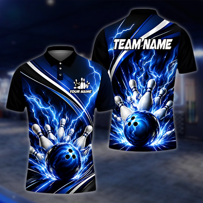 Personalized Thunder Blue Lightning Bowling Polo Shirt Men, Custom Thunder Bowling Team Shirt BZ0970