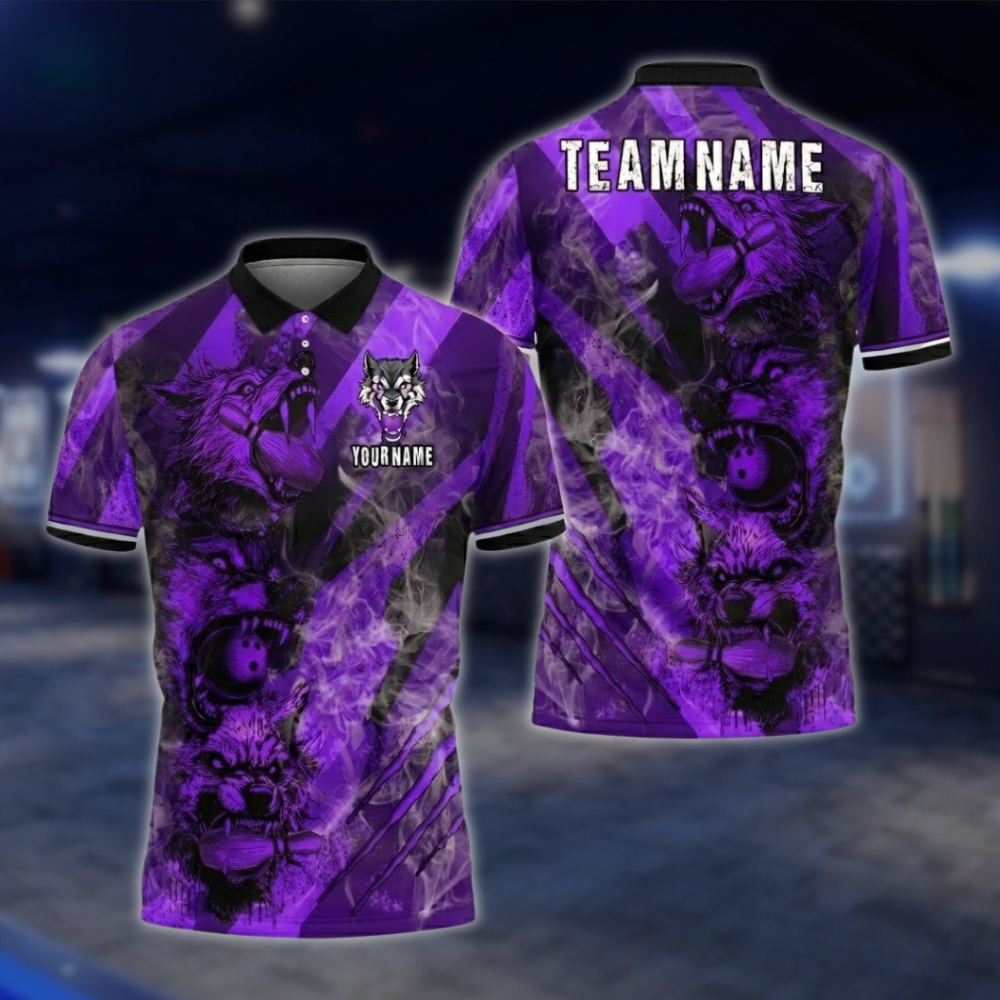 Personalized Wolf Mens Bowling Polo Shirt Blue Smoke, Custom Wolf Bowling Shirts For Team BZ0753