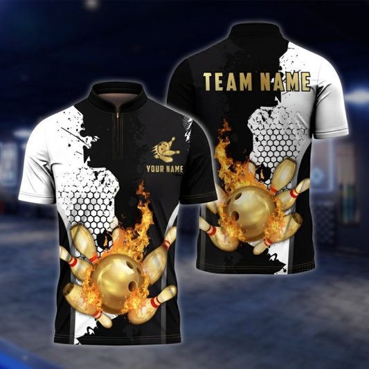 Personalized Flame Black And Gold Bowling Jersey For Men, Custom Flame Bowling Shirt For Team BZ0852