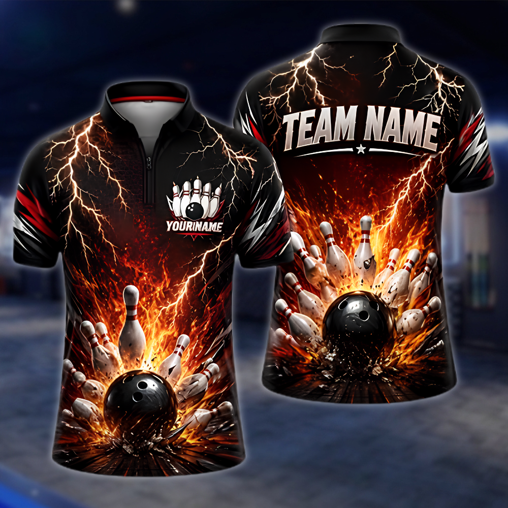 Personalized Thunder Fire Bowling Jersey For Men, Custom Flame Team Bowling Shirts BZ0868