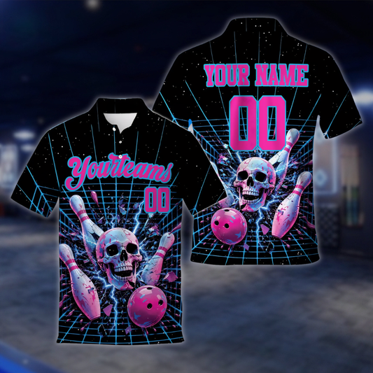 Personalized Skull Pink Black Bowling Polo Shirt For Men, Custom Skull Bowling Team Shirt BE0248