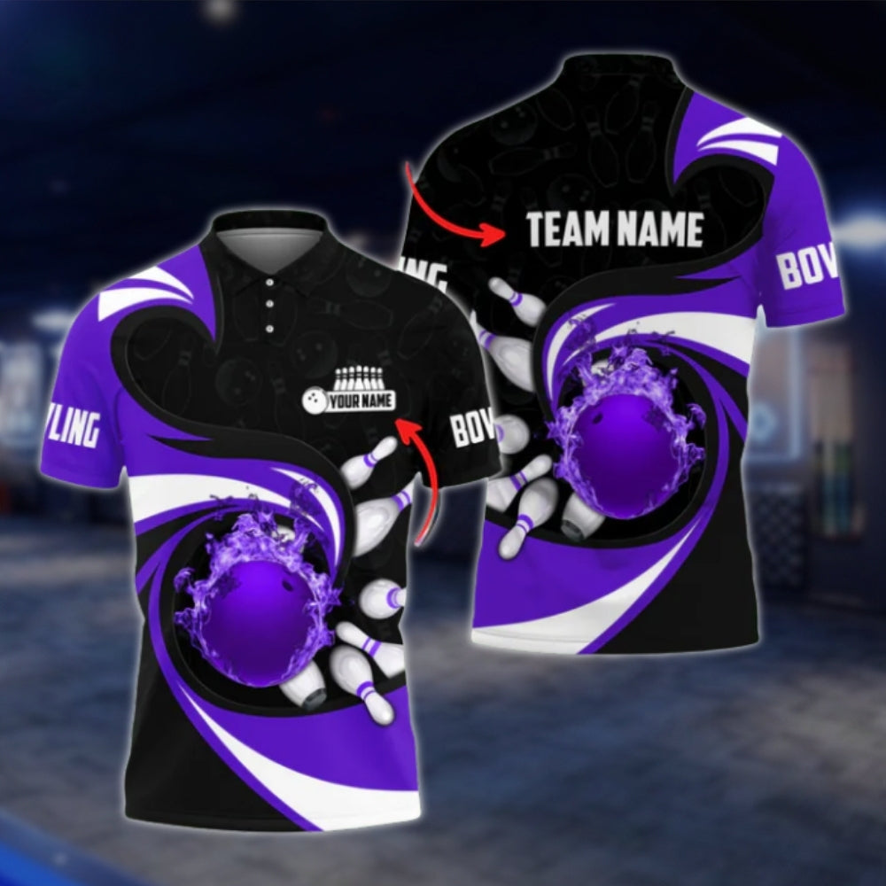 Custom Team Fire Ball Mens Bowling Polo Shirt, Red Black Custom Bowling Team Shirts BO0022