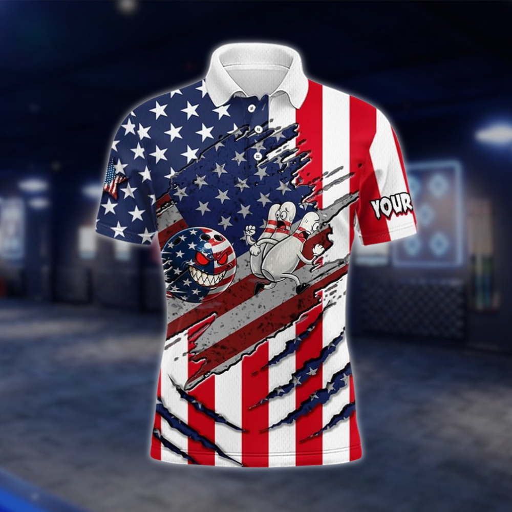 Personalized Funny Ball Pins American Flag Bowling Polo Shirt, Custom Team Patriotic Bowling Shirt BZ0943