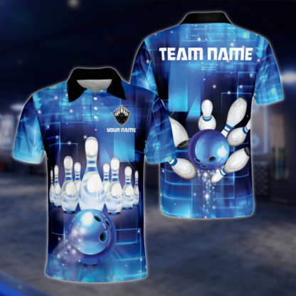 Custom Team Blue Bowling Polo Shirts Men, Custom Bowling Shirts BZ0075