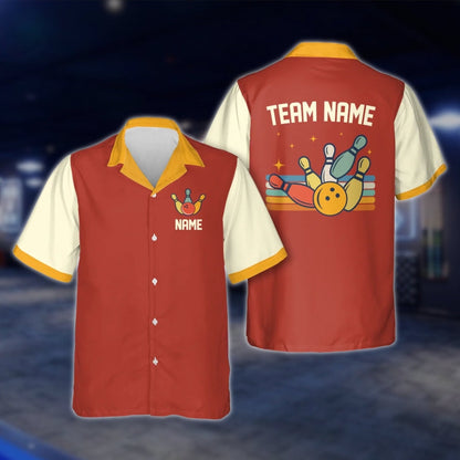 Custom Retro Bowling Hawaiian Shirt For Team, Custom Red Beige Bowling Shirts For Men Women BE0038
