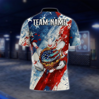 Personalized American Flag Bowling Mens Polo Shirt Watercolor, Custom Bowling Patriotic Team Shirts BZ0741