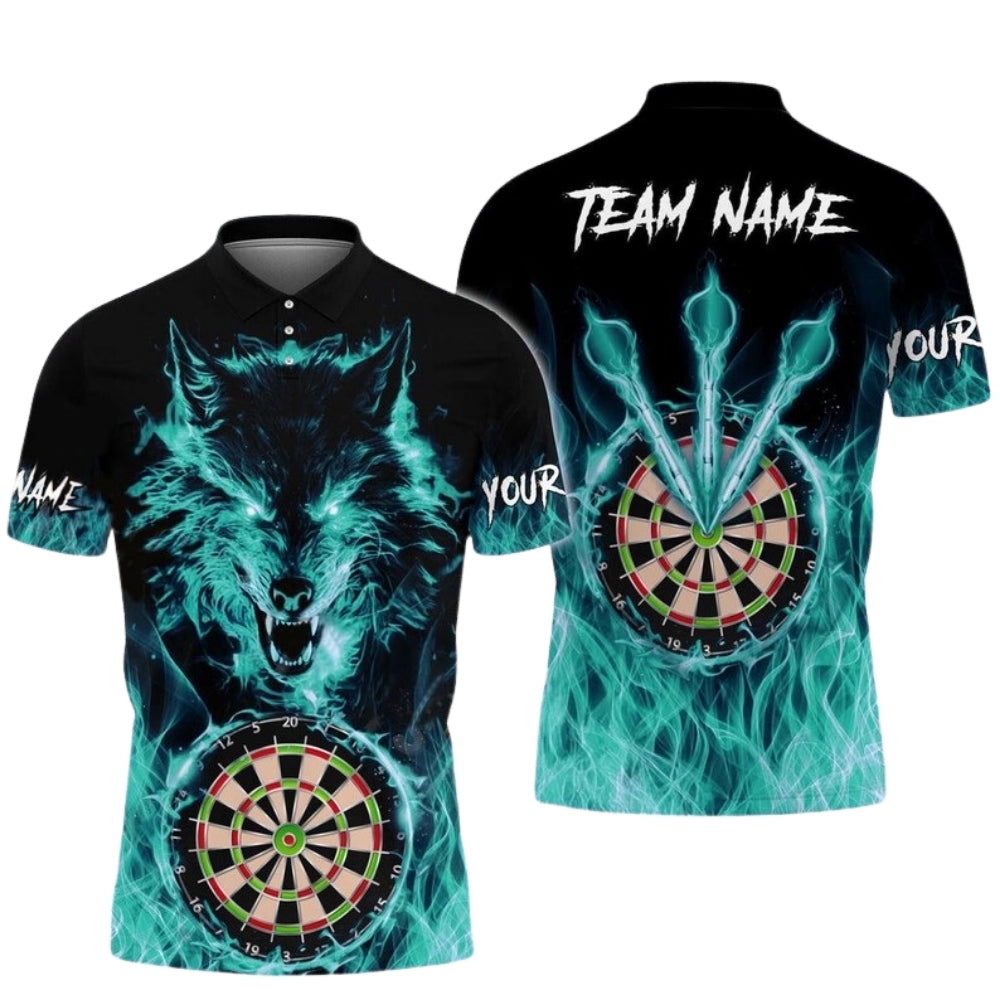 Blue Flame Wolf Personalized Darts Button Polo