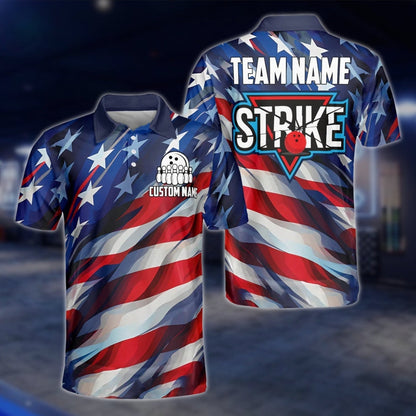 American Flag Neon Custom Mens Bowling Polo Shirt, Custom Team Patriotic Bowling Shirts BZ0050