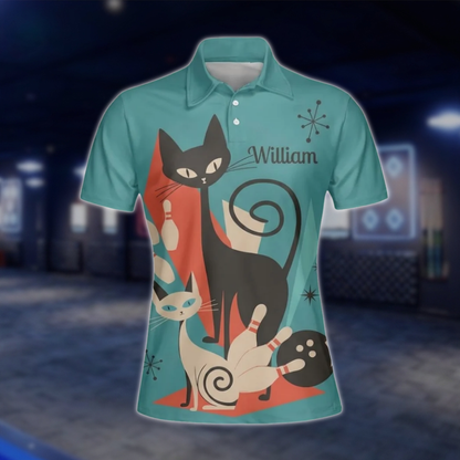 Personalized Vintage Cat Women's Cyan Bowling Polo Shirt, Custom Cat Bowling Team Shirts For Ladies BZ0774