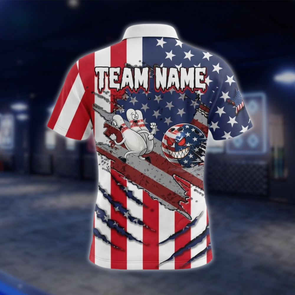 Personalized Funny Ball Pins American Flag Bowling Polo Shirt, Custom Team Patriotic Bowling Shirt BZ0943