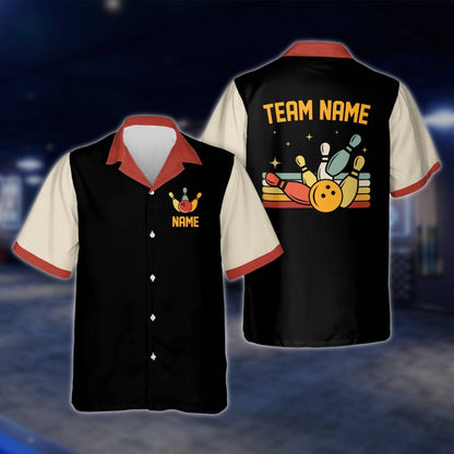 Custom Retro Bowling Hawaiian Shirt For Team, Custom Red Beige Bowling Shirts For Men Women BE0038