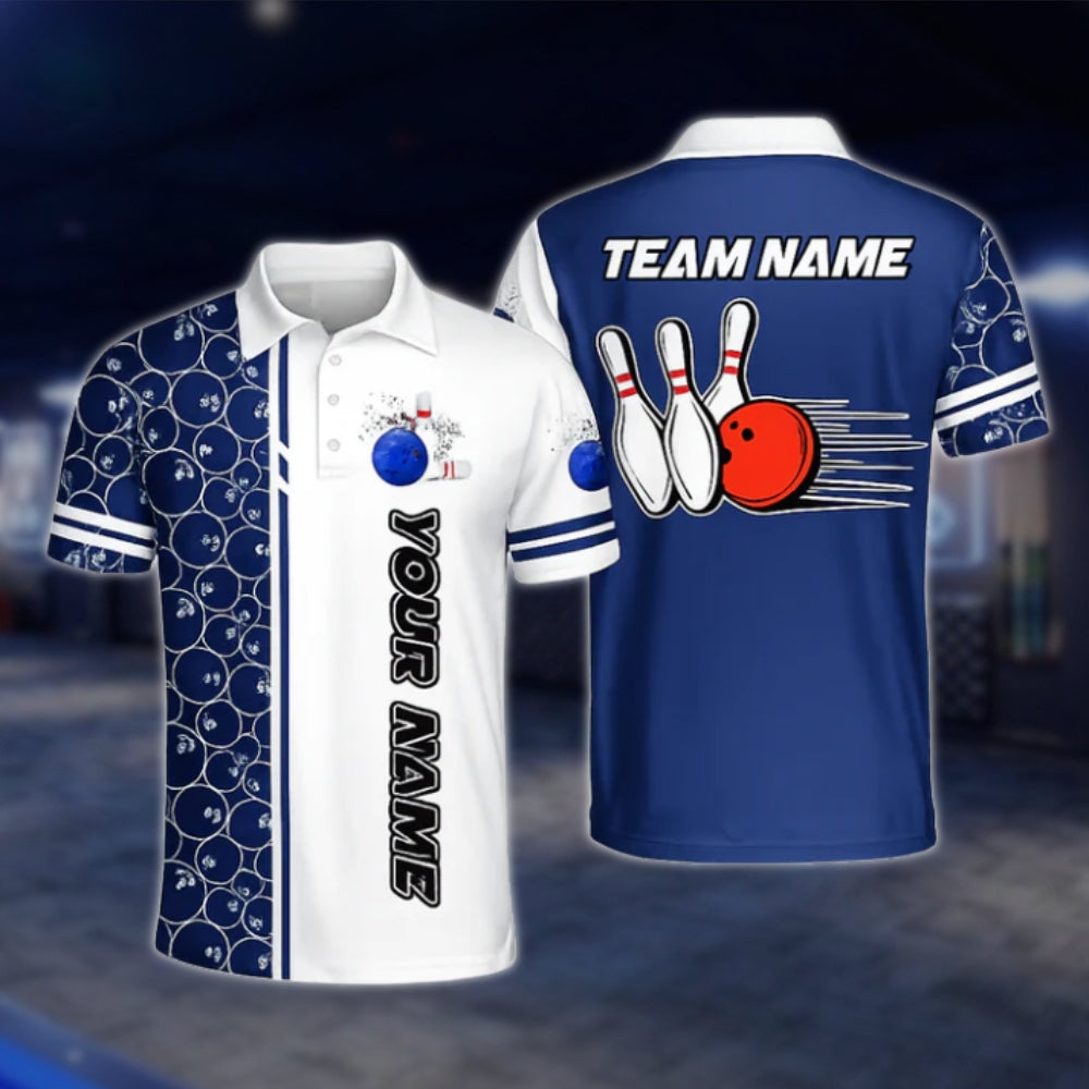 Custom Team Blue White Bowling Men's Polo Shirt, Custom Bowling Shirts BZ0446