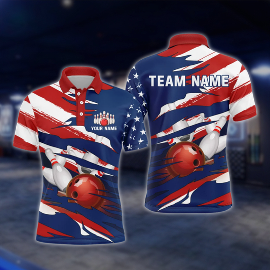 Personalized USA Flag Grunge Bowling Polo Shirt For Men, Custom Patriotic Bowling Shirts Team BZ0742