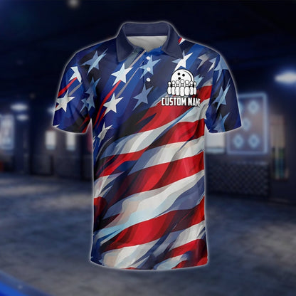 American Flag Neon Custom Mens Bowling Polo Shirt, Custom Team Patriotic Bowling Shirts BZ0050