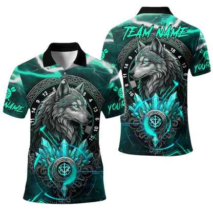 Cyan Thunder Wolf Men's Personalized Darts Button Polo