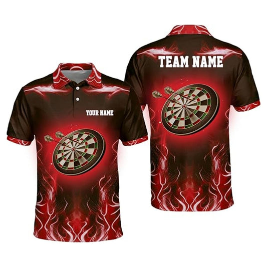 Black and Red Flame for Mens Personalized Darts Button Polo