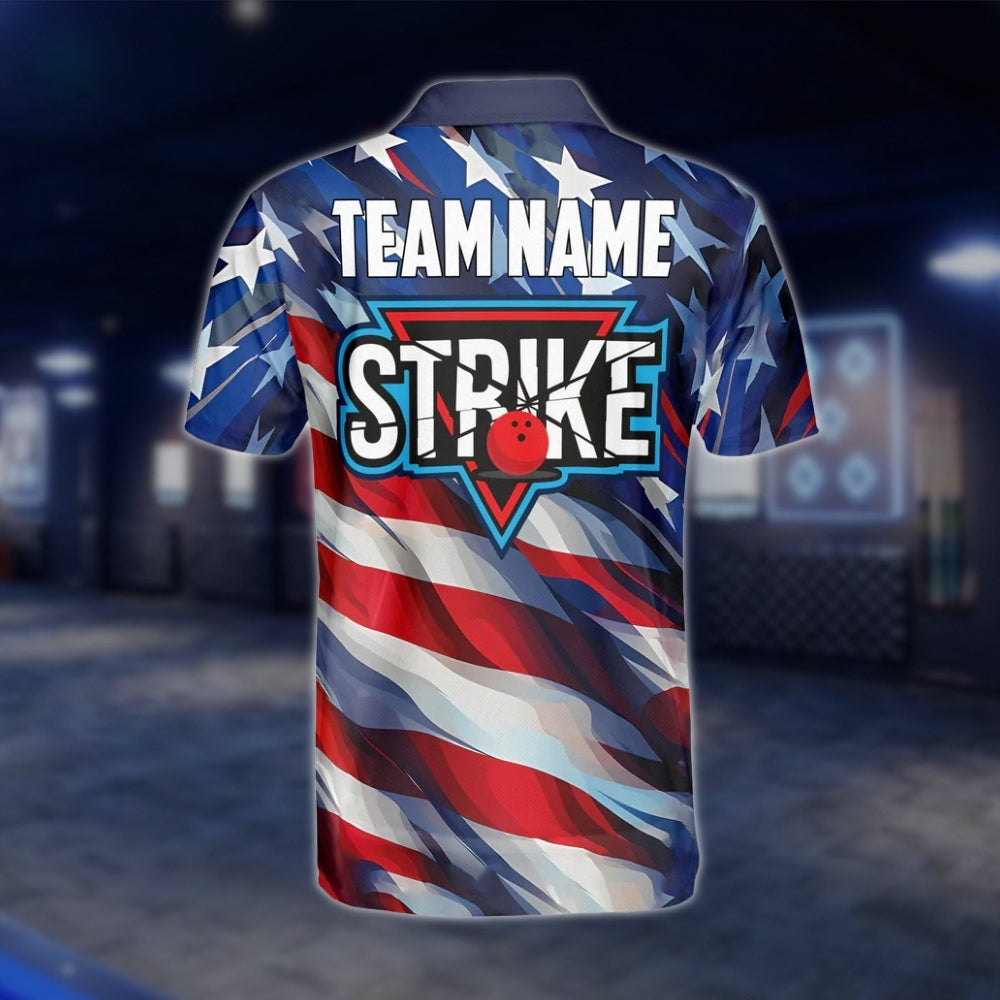 American Flag Neon Custom Mens Bowling Polo Shirt, Custom Team Patriotic Bowling Shirts BZ0050