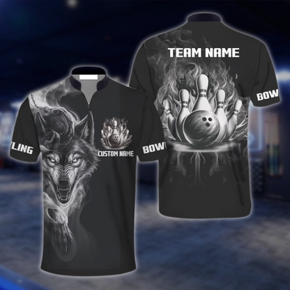 Personalized Wolf Men's Black Bowling Jersey, Custom Wolf Bowling Shirt For Team BZ0944